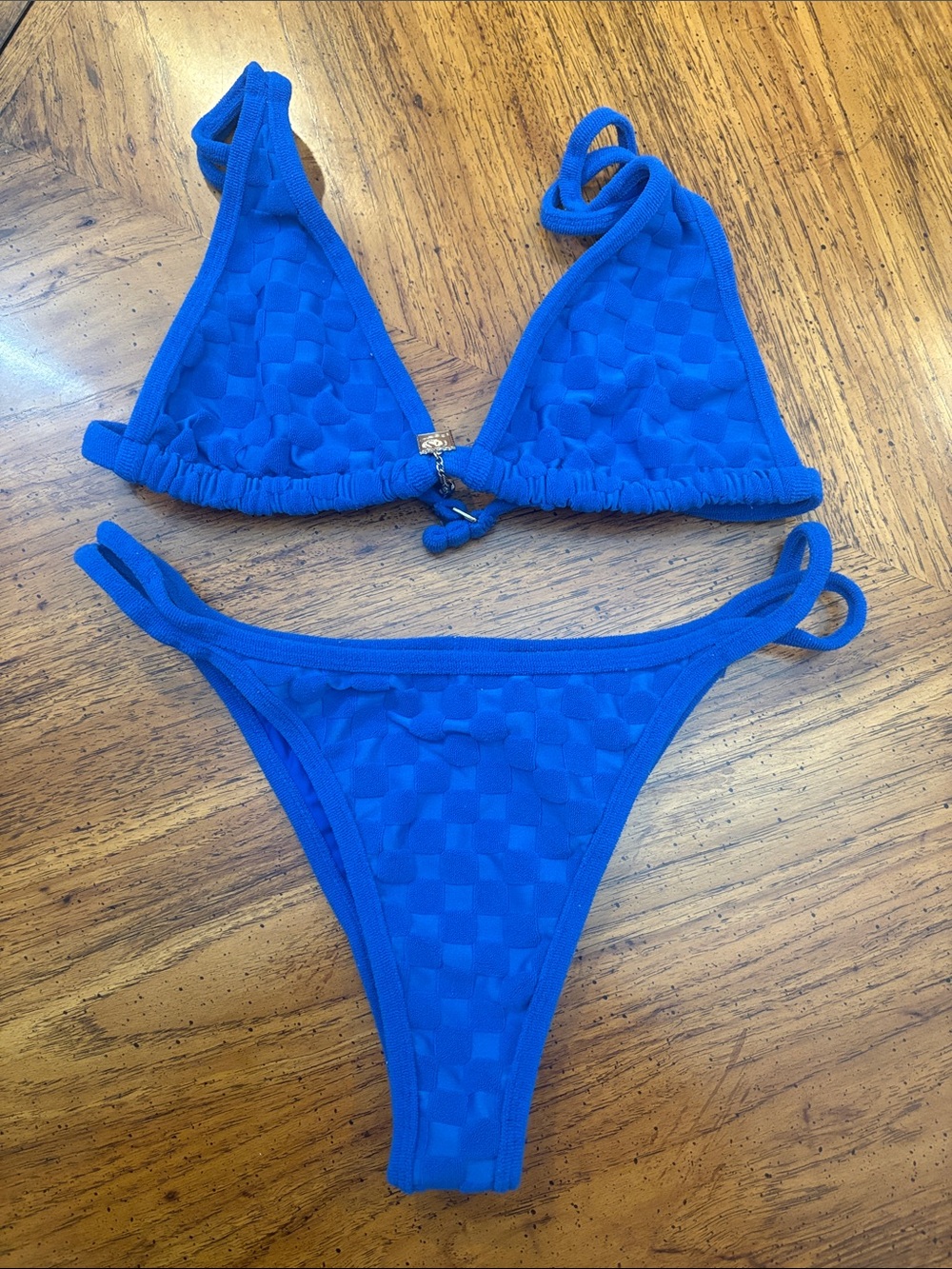 Women's Royal Blue Textured Terry checkered Triangle Bikini Set
